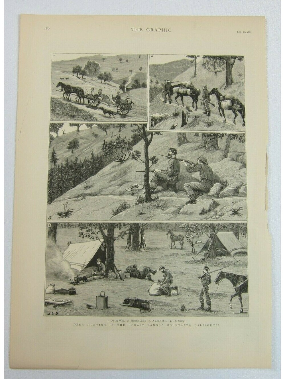 Antique 1881 Print Deer Hunting in Coast Range Mountains California, The Graphic